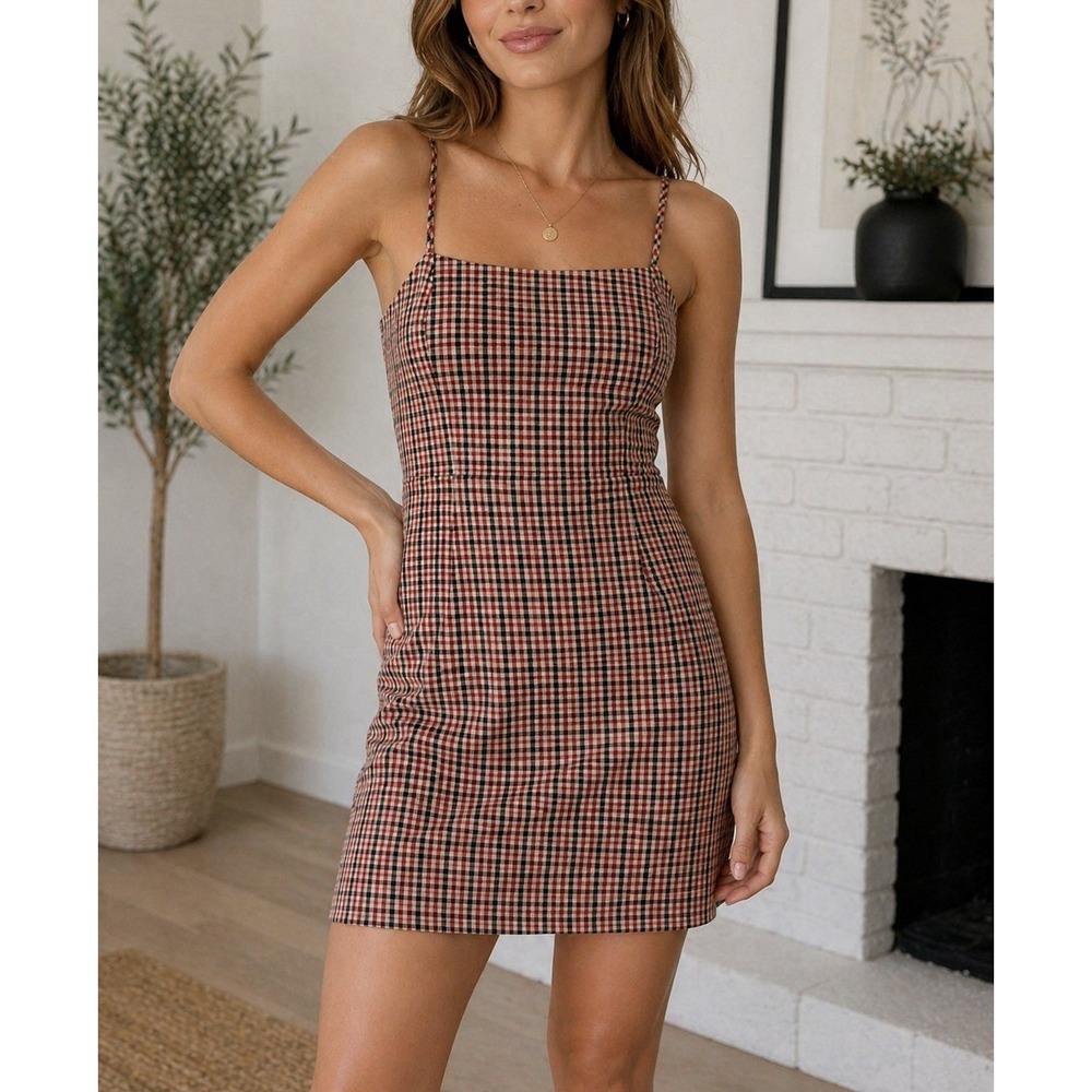 Wilfred Aritzia Plaid Mini Dress Red Black Cream Strappy Small